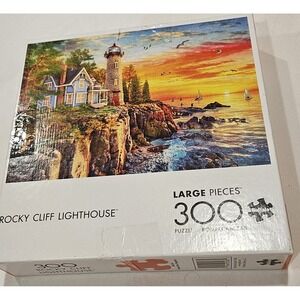 Buffalo Games Rocky Cliff Lighthouse 300 Piece Large Pieces Puzzle Complete